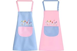 JJYHEHOT 2 Pack Children's Apron, Pink and Blue Cute Kids Apron, Adjustable Waterproof Apron with Big Pocket, Girls Boys Bib Aprons for Painting Crafting Cooking Baking