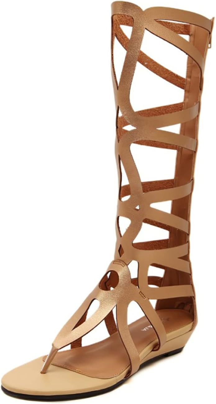 Ladies Platform Shoes Casual Hollow Knee High Roman Sandals Fashion Linen Weaving Platform 