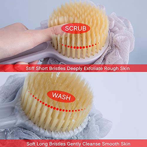 Body Bath Shower Brush Loofah Sponge, with Double Layer Soft & Stiff Bristles,Long Handle Loofahs Back Scrubber Mesh for Skin Exfoliating Massage Suitable for Wet or Dry, Men and Women (Gray Blue) - Thumbnail 3