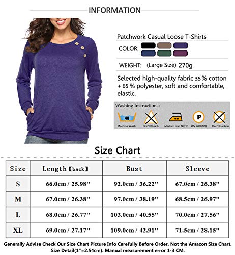 Womens Button Long Sleeve Tops Casual Blouses T-Shirt Round Neck Pockets Top Purple L