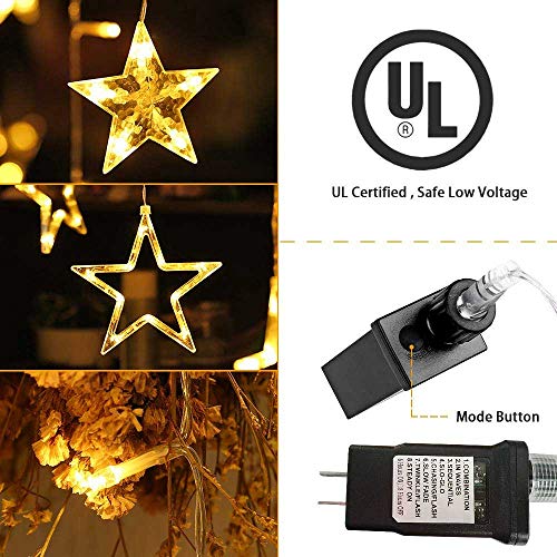 TOFU Star Curtain Lights, 7.2ft x 3.3ft 138 LED Waterproof Window Lights with 12 Stars 8 Flashing Modes RF Remote, Indoor Outdoor Decoration for Christmas, Bedroom, Wedding, Party, Patio, Warm White