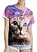 QZUnique Women's Summer Fashion Cat Digital Printed Round Collar T-shirt