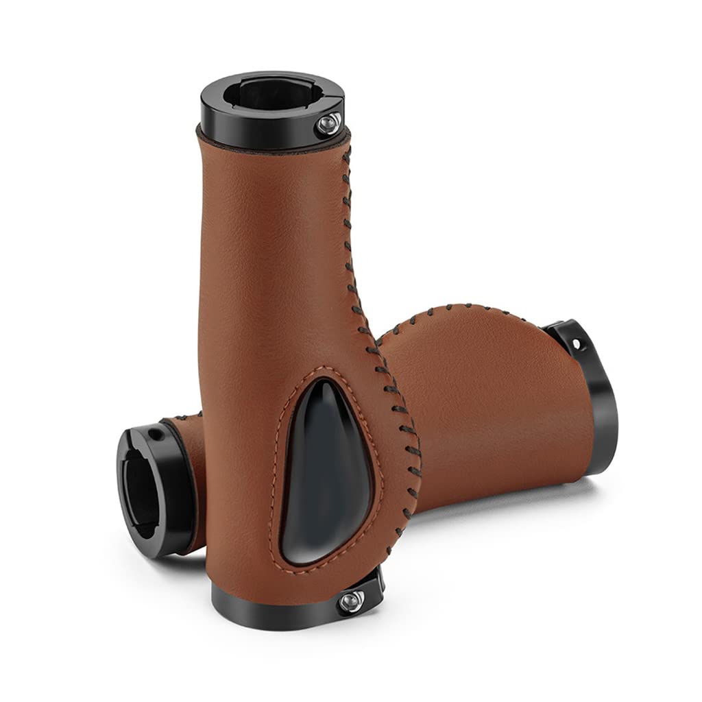 Photo 1 of 2 Pcs Bike Handle Grips PU Leather Bicycle Grips Sleeve Silicone Shock Grips Double Locking Handlebar Grips for Mountain MTB MBX Bike Electric Scooter (Brown)