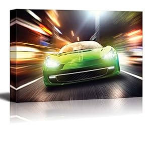 Green Racecar At Night - Canvas Art