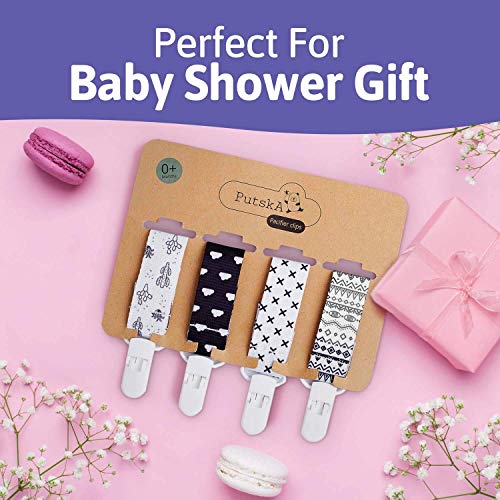 image for PUTSKA Pacifier Clips - 4 Pack Set of Unique Modern Design in Black an