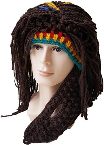 Creative Funny Beard Hat Cap Wig Beanie Cap Rainbow Crotched With Detachable Wind Mask Barbarian Knit Hair Beard Hat