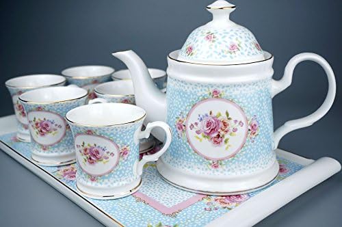 Porcelain Tea Set 8 Pieces - Large Teapot with Lid + 6 Cups + Tray - "The Blue Sovereignty" model - Premium Quality
