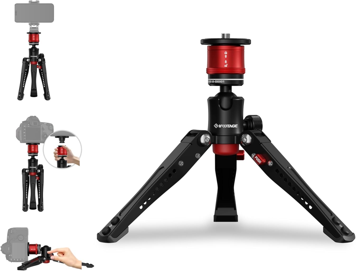 IFOOTAGE Cobra 3 Monopod Base,10" Desktop Mini Tripod,Small Camera Tripod for,Monitor,Phone Holder Clip,Mini Ball Head,LED Flash,1/4"&3/8" Automatic Switching Screw,Load up to 17.64lb/8kg