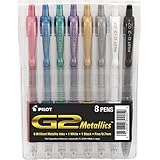 Pilot G2 Metallics Gel Roller Pens Fine Point (.7 mm) Assorted Color Inks 8-Pack Pouch (34405), Pink, Blue, Green, Purple, Gold, Silver, White &amp; Black; Retractable, Refillable &amp; Premium Comfort Grip
