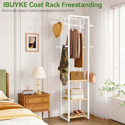 IBUYKE Perchero independiente con 3 estantes y 8 ganchos, perchero industrial para entrada, pasillo, dormitorio, 180 x 40 x 30 cm, color natural y blanco TMJ088R