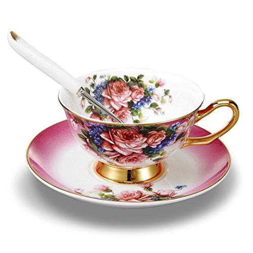 Panbado 3 Piece Bone China 6.8 oz Coffee Saucer Spoon Vintage Porcelain Tea Cup Set, Service for 1-Red Flower
