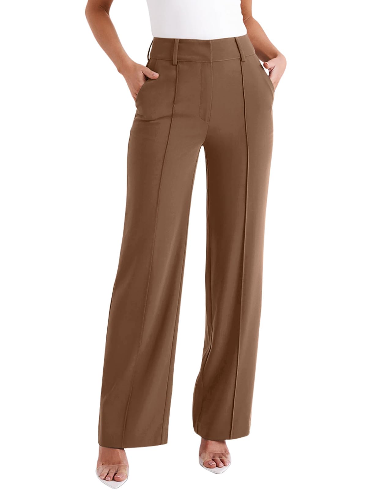 Photo 1 of NIMIN Business Casual Pants for Women Wide Leg Work Trousers High Waisted Brown Dressy Suit Pants Palazzo 2025 Summer Office Slacks with Pockets