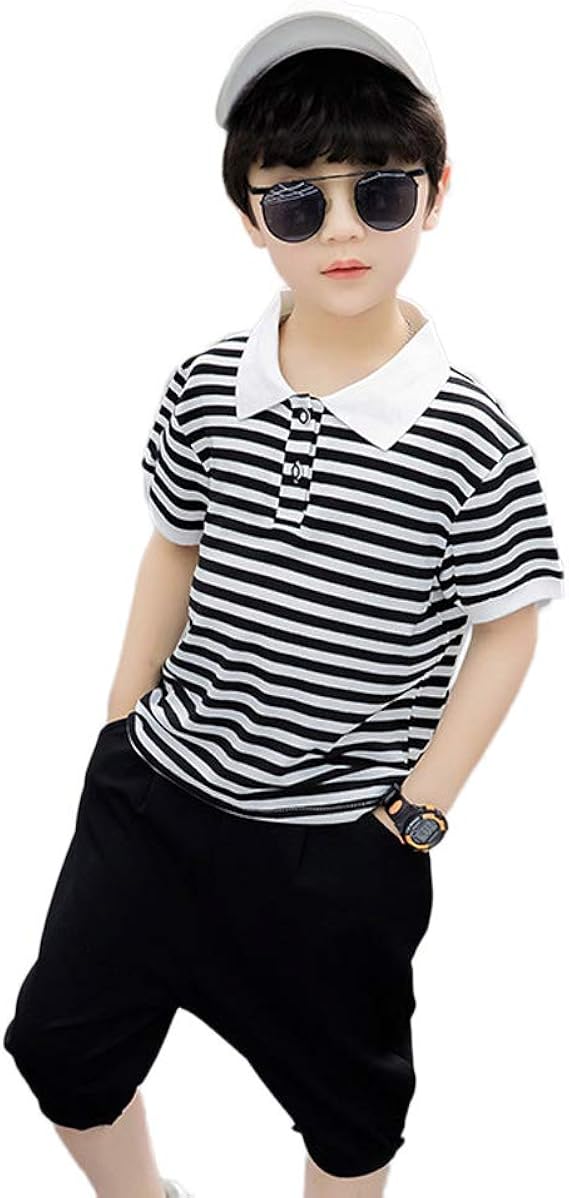 Amazon Yuanyuan 男の子 縞模様の半袖 夏 新しい 男の子 外国 韓国版 黒のストライプ Poloシャツの襟のトップ ワイルドトップ Tシャツ カットソー 通販