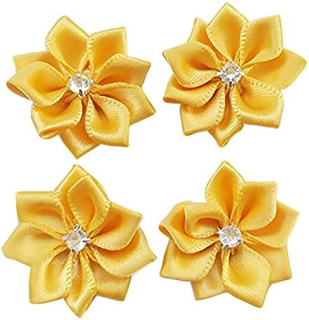 Libiline Upick More Than 26 Colors 40PCS Satin Ribbon Flowers Bows Rose w/Rhinestone Appliques Craft Wedding Dec (Yellow)