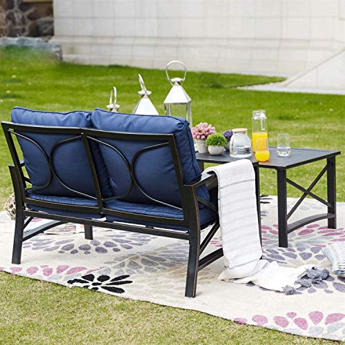 PatioFestival Conversation Furniture Set,5 Pcs Cushioned All Weather Metal Outdoor Furniture Sectional with Loveseat,2 Padded Rocking Chairs,Coffee Table,Bistro Table (5 PCs, Blue)