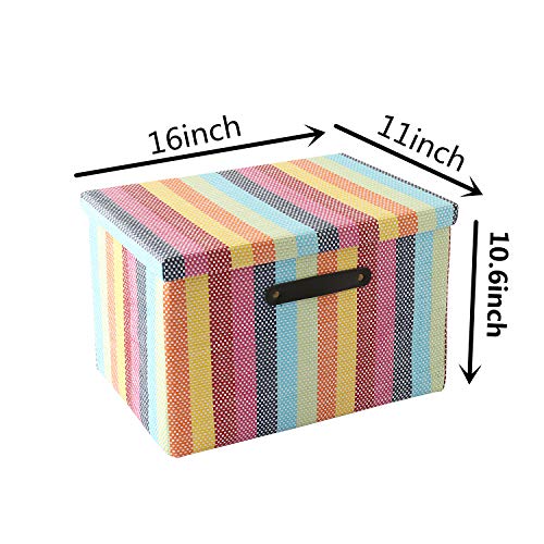 Large Fabric Storage Box with Lid and Leather Handles by Tegance,Decorative Collapsible Storage Bin for Office, Home, Closet, Toys Rainbow Color 16x11x10.6 Inch (16(L) x11(W) x10.6(H))