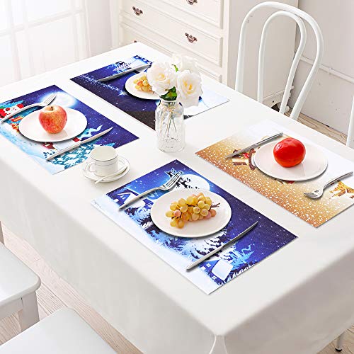 Homing Christmas Placemats for Dining Table Set of 6, Insulation Santa Claus and Gift Box Snowman Blue Landscape Xmas Tree Holiday Place Mats for Kitchen Decor, Washable Heat-Resistant, 12x18 Inch - Thumbnail 2