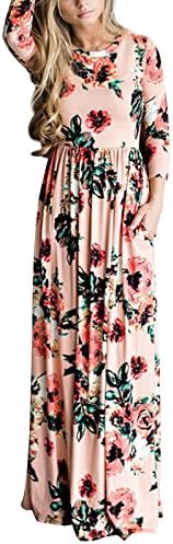 Lanremon Women's Floral Print Rose Maxi Retro Bohemian Long Dress Summer 3/4 Sleeve Round Neck Pocket Pleated Robe