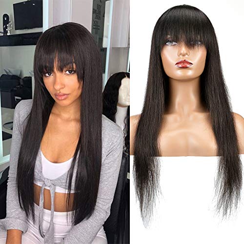 Huageer-Brazilian-Virgin-Straight-Human-Hair-Wigs-with-Bangs-for-Black-Women-None-Lace-Front-Wigs-22Inch-Short-130-Density-Natural-Black-Color