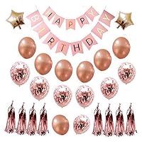 Rose Gold Happy Birthday Balloons Banner Set, Rose Gold Foil Balloons Confetti Balloons Star Balloons with Tassels and Ribbons for All Ages Birthday Party Supplies and Decorations