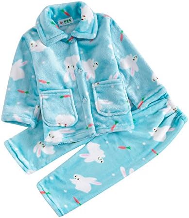 Autumn Winter Flannel Cute Pajamas Set for Girl Children's Costumes (9T/10T, Blue-Rabbit)