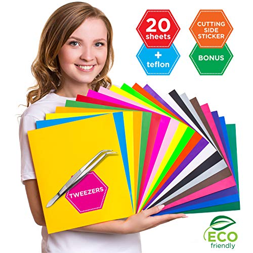 HTV Heat Transfer Vinyl Bundle Variety 12x10-20 Multi-Color Sheets Variety for Cricut Silhouette Cameo or Heat Press Machine - Bonus Iron On Teflon Weeding Tweezers for DIY T-Shirts