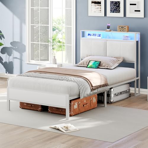 HOOBRO Twin Bed Frame, Metal Platform Bed Frame with Storage Headboard, Bed Frame with Charging Station and LED Light, White WW13UDBF01