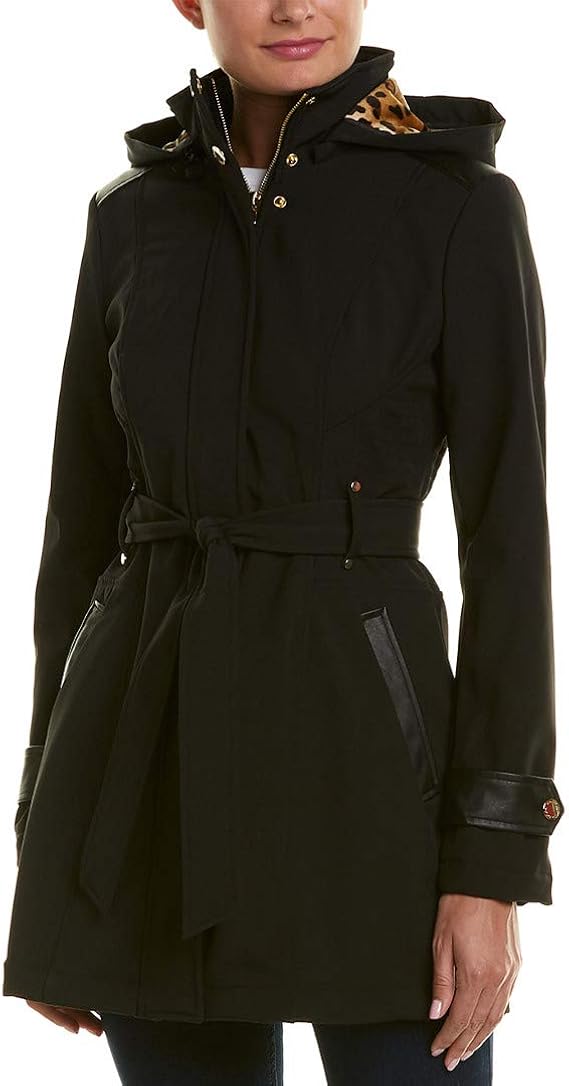 Via Spiga Women's Belted Soft Shell Hooded Jacket with Faux Leopard