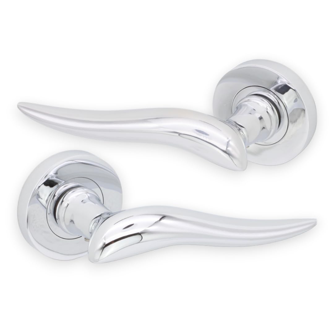 Infinity Decor Fiorella Polished Chrome Lever on Round Rose Latch Door Handles Set Passage Pull Handles - for Interior & Exterior Doors