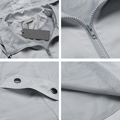Elever Women's Detachable Hooded Drawstring Anorak Military Utility Jacket Light Grey M - Thumbnail 3