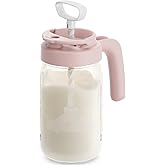 Papablic Glass Breastmilk Pitcher, Fast Baby Formula Maker with Mixing Handle Lid, Wide Mouth Mason Jar Breast Milk Storage Container with Flip-Lock Spout, BPA-Free, Pink.