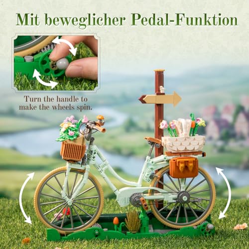 PANTASY Flower Bicycle Clamping Blocks Set, Vintage Decoration Model | Flower Bicycle Construction Set for Adults, Vintage Decoration Model with Flower Baskets, Picnic Scene, Puppy, Gift