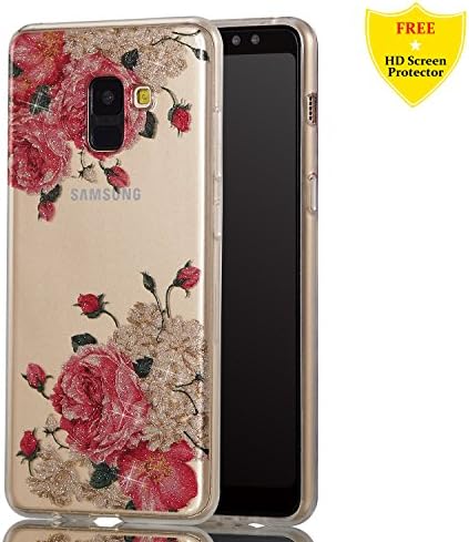 Samsung Galaxy A8 2018 Case + Free HD Screen Protector,idatog® Luxury Fashion Sparkle Glitter Cute Design Soft Silicone Gel Skin Cover Case Flexible TPU Creative Case Bumper Shockproof Anti-Scratch Protective Back Cover for Samsung Galaxy A8 2018 (Rose)