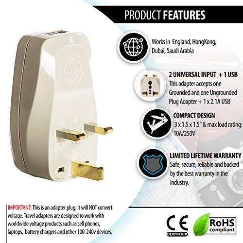 image for OREI 3 in 1 UK Travel Adapter Plug with USB and Surge Protection - Gro