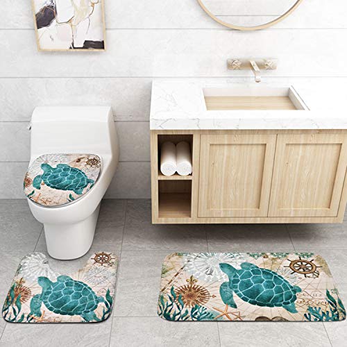 Pknoclan 4 Pcs Sea Turtle Shower Curtain Sets with NonSlip Rug, Toilet