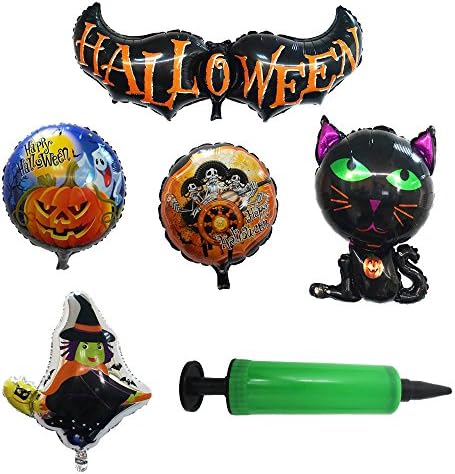 5PCS Foil Balloons With Pump Aluminum Film Halloween Party Supplies Decorative Props Pumpkin Witch Pirates Bat Black Cat Balloons (Pack 2)