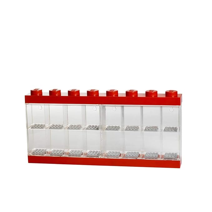 LEGO Minifiguren-Schaukasten für 16 Minifiguren, Stapelbare Wand- oder Tischbox, rot