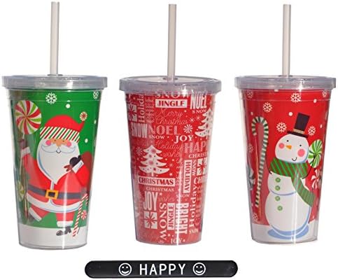 Santa Snowman Tumbler SETof3 Christmas Holiday Acrylic Double Wall 14 Oz Tumbler with Lid and Straw & HAPPY Slapstick Stocking Stuffer Gift Teacher Teen Her Him (StyleB)