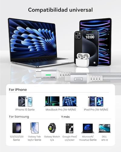Cable USB C a USB C, 100W [2Pack-2m, Blanco] Cable USB C Carga Rapida PD 5A QC 4.0 Cable Tipo C Nylon para iPhone 15 Pro MacBook Pro 2020 Samsung S22 Ultra iPad Air Pixel 7 Huawei P30 Steam Deck