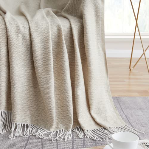 BOURINA Decorative Diamond Lattice Faux Cashmere Fringe Throw Blanket