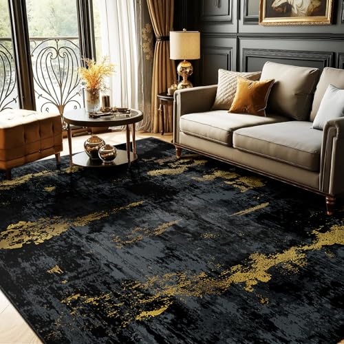 RELEANY Washable Area Rug 8'x10' Non-Slip Indoor Modern Abstract Low Pile Soft Carpet Rugs for Living Room Bedroom Home Entryway, Print Pattern, Dark Black Gold