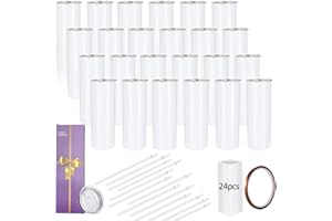 YOUKE OLA 24 Pack Sublimation Tumblers Straight Skinny Blanks 20oz for Heat Transfer, Individual Gift Boxed, Double Wall Insulated Tumbler with Shrink Wrap Films & Heat Tape & Straws, White