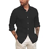 Mens Button Up Shirts Linen Beach Long Sleeve Casual Cotton Summer Lightweight Tops