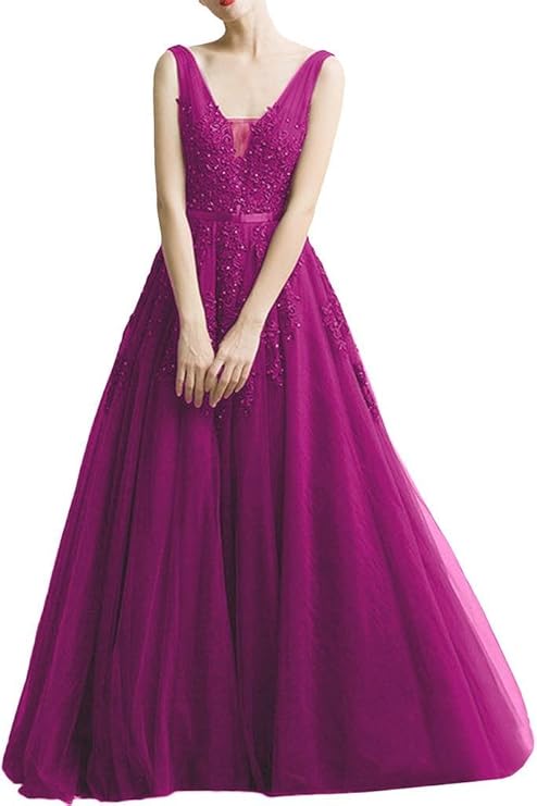 Milano Bride Damen Huebsch V-Ausschnitt Abendkleid Tuell Ballkleider Promkleider Spitze Applikation Band Lang