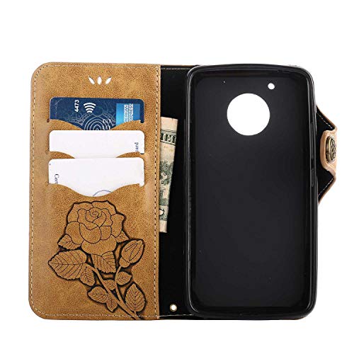Moto G5 Protective Case, UNEXTATI Vintage Rose Pattern Stand PU Leather Flip Cover, Wallet Case Cover with Hand Strap for Moto G5 (Khaki)