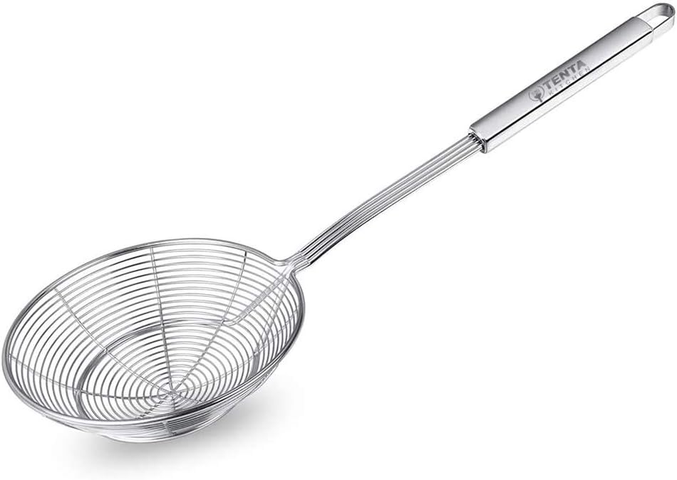 TENTA KITCHEN Stainless Steel Spider Strainer Wire Strainer Skimmer Colander, Stainless steel Handle with hook (7 inch 1pc)