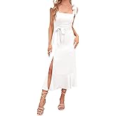 ABEHIK Women's Elegant Bridesmaid Dress Square Neck Ruffle Split Summer Dresses 2024 Wedding Guest Cocktail Party Midi Dress