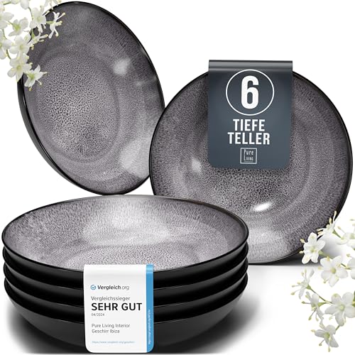 Steingut Suppenteller 6 Personen Ibiza TESTSIEGER, Traumhaftes Mediterranes Steingut Tiefe Teller Set, Pasta Teller Tief Groß - Pure Living in Grau