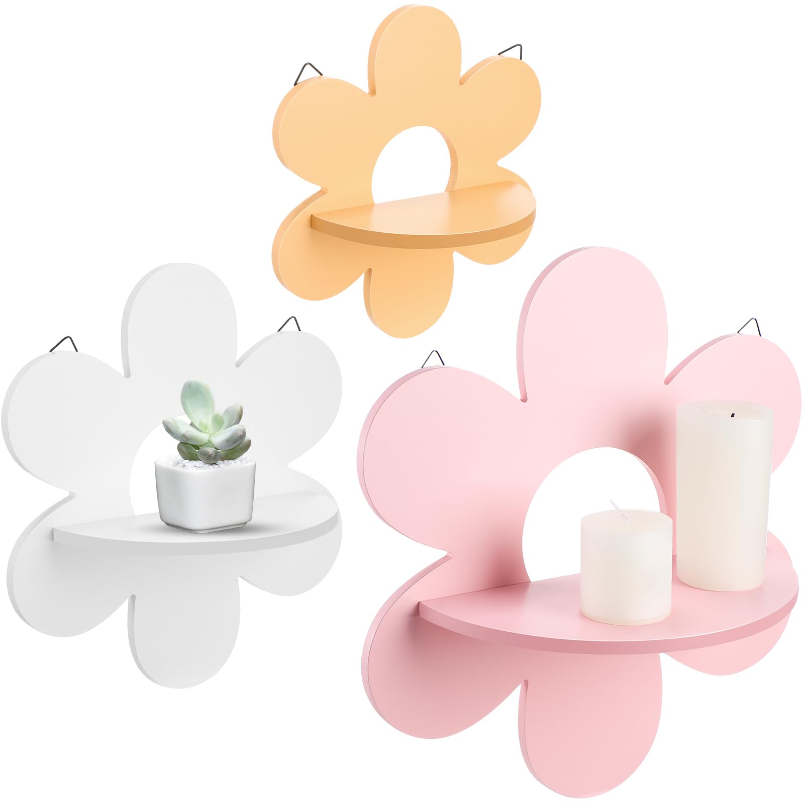 Photo 1 of Soaoo 3 Pcs Daisy Flower Floating Shelves, Wooden Boho Daisy Plant Shelf, Wall Mounted Display Stand, Hanging Display Flower Decor for Living Room Bathroom Bedroom(Pink,White,Yellow)