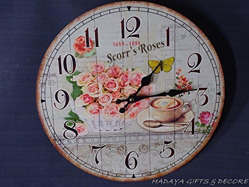 HADAAYA Floral Flower Wall Clock, 13 inch Vintage Rustic Chic Decorative for Kitchen, Living Room, Home Wall Décor.